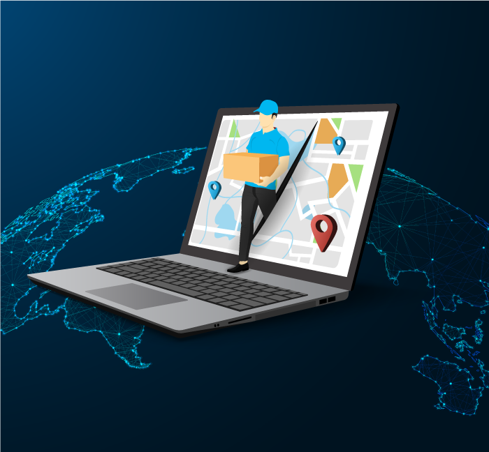 Digital world map showing global network connections for international equipment returns